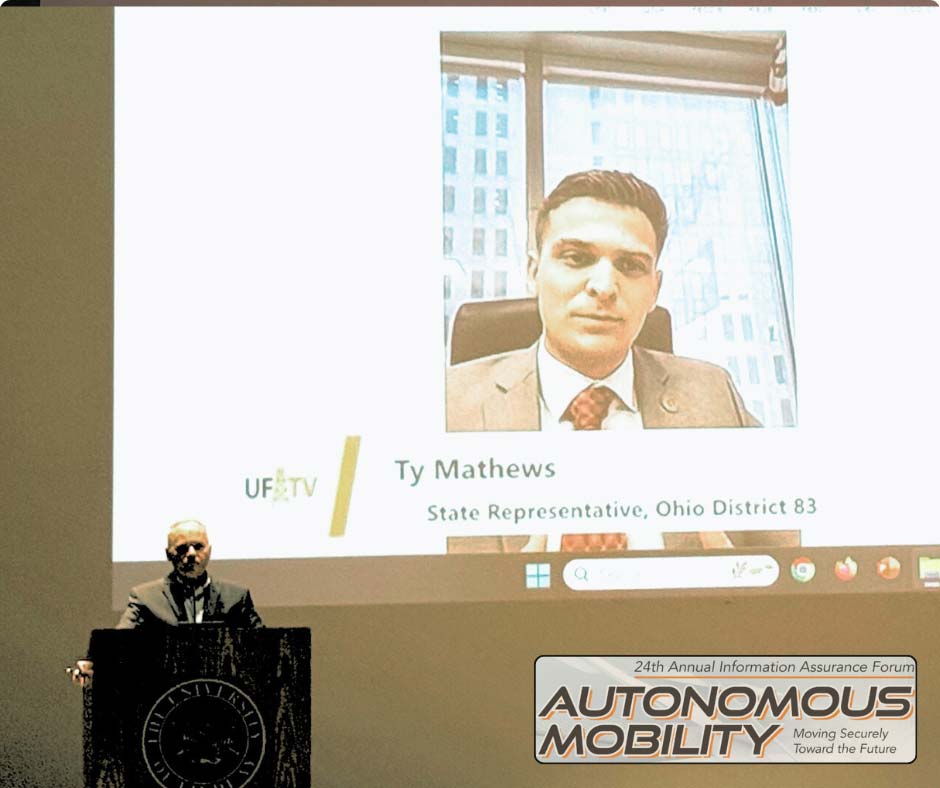 Mathews and Evatt pictured at the 24th Annual Information Assurance Forum on Autonomous Mobility, held at the University of Findlay. Both spoke about the Findlay Defense Incubator and the worldwide race to develop defense technology.